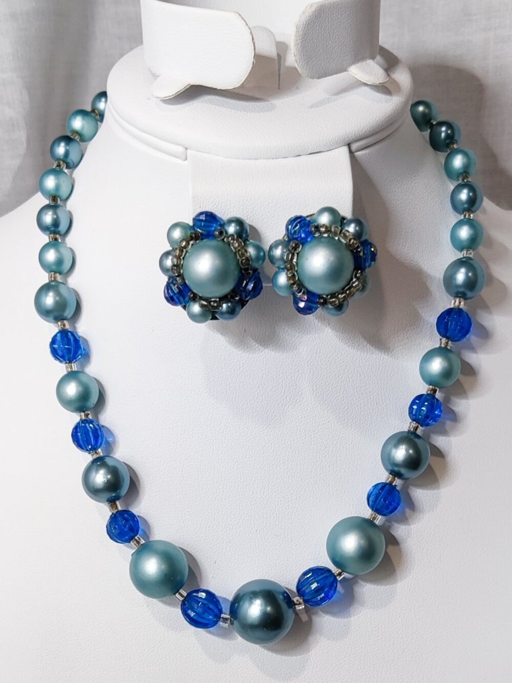 Vintage Japan Faux Pearl Necklace Earrings Teal and Cobalt Blue Beaded